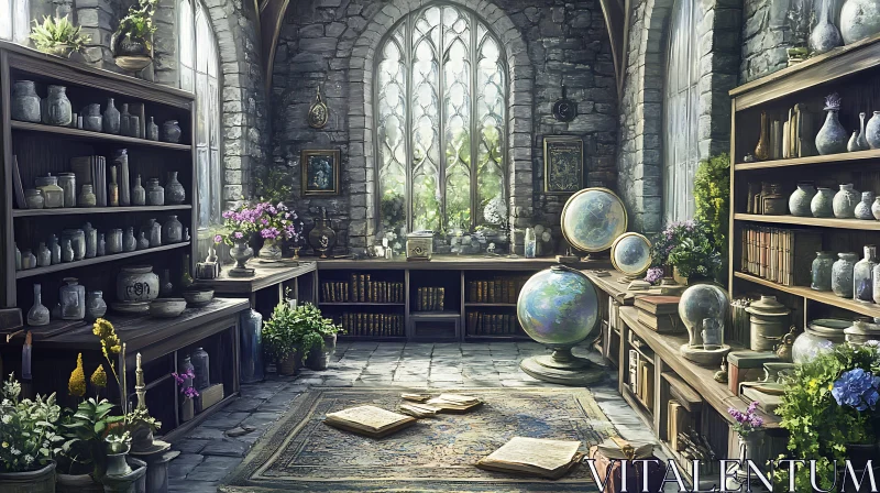 AI ART Vintage Library with Stone Walls and Books