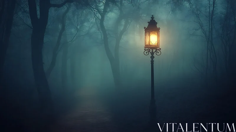 Misty Woods with Glowing Lamp AI Image