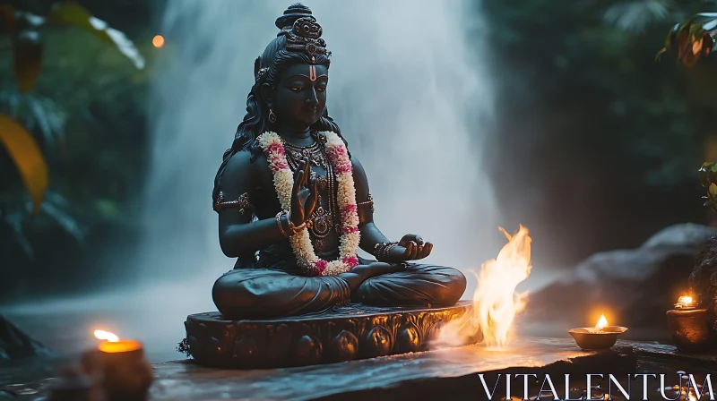 Meditative Statue with Waterfall Backdrop AI Image