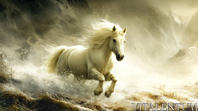 White Horse Running in Winter Landscape AI Image