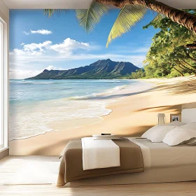 Serene Beachside Bedroom with Island Mural