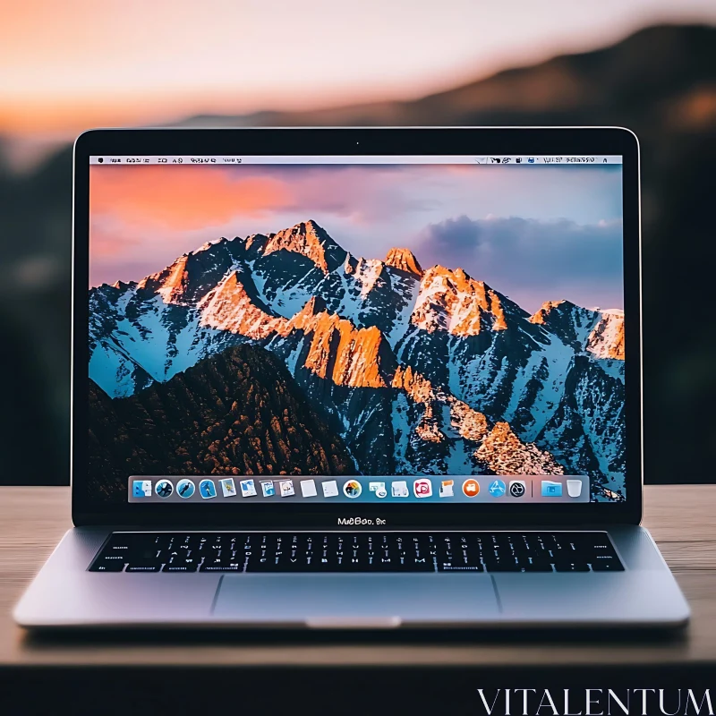 Laptop with Mountain Sunset Wallpaper AI Image