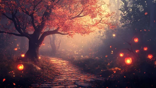 Lantern Lit Forest Path in Autumn