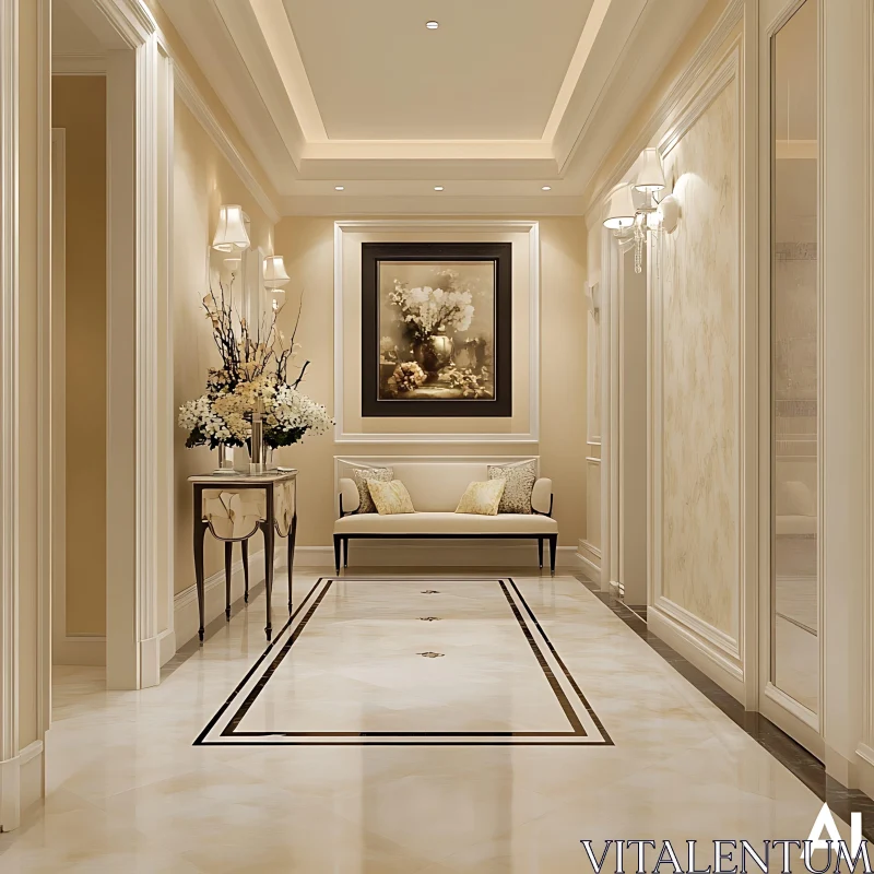 Elegant Hallway with Marble Flooring and Floral Art AI Image