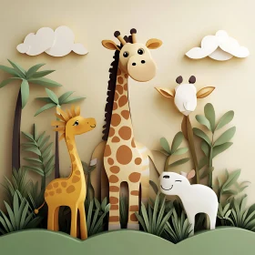 Playful Giraffes and Sheep Cartoon Art