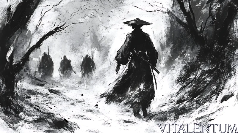 AI ART Silhouette Samurai in Desolate Landscape