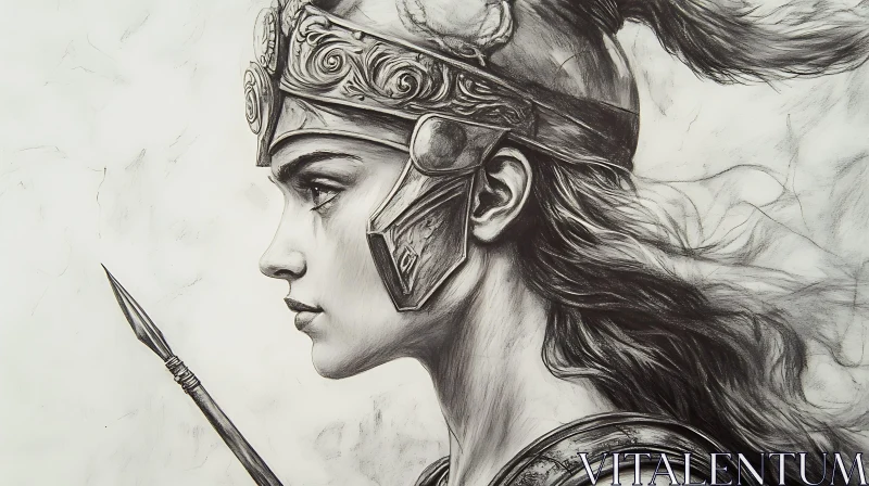 AI ART Monochrome Warrior Woman with Spear Sketch