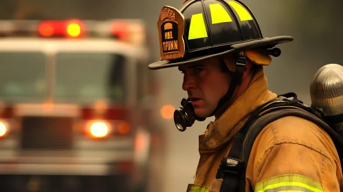 Firefighter Braving the Smoke with Firetruck in Background