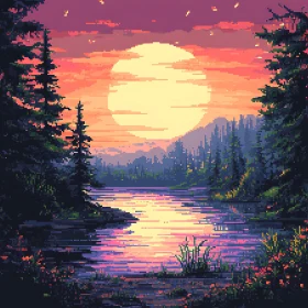 Pixelated Sunset Over Calm Lake