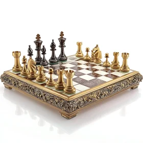 Ornate Chessboard with Golden Pieces