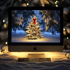 Festive Christmas Tree on iMac Screen with Snow