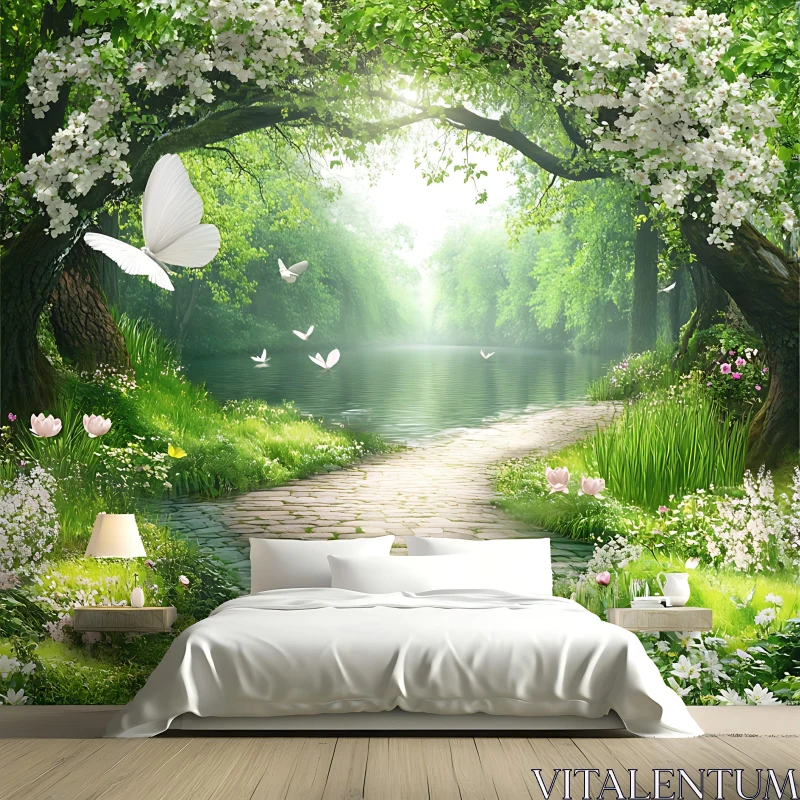 Peaceful Bedroom with Green Riverbank Mural and Butterflies AI Image