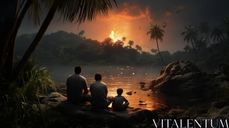 Captivating Family Scene: Enigmatic Island Fire in Mysterious Jungle AI Image