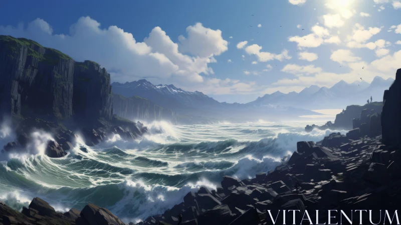 Captivating Ocean Scene with Mountains and Waves | Adventure Themed AI Image