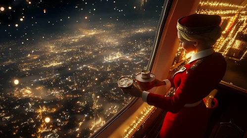 Enchanting Night View from an Airplane with Coffee Service