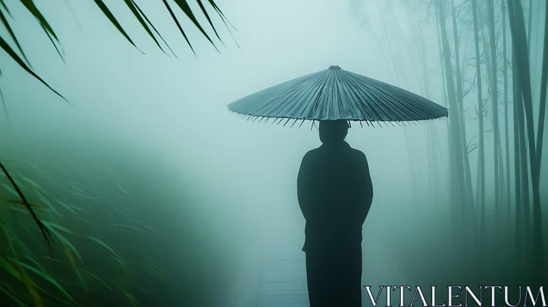 Silhouette with Umbrella in Foggy Landscape AI Image