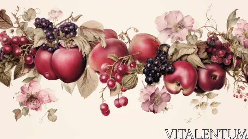 Delicate Apple and Berry Border Illustration in Hyperrealistic Style AI Image