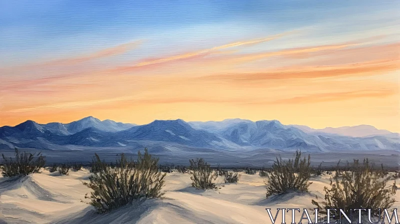 AI ART Desert Scene with Mountains and Sunset Sky