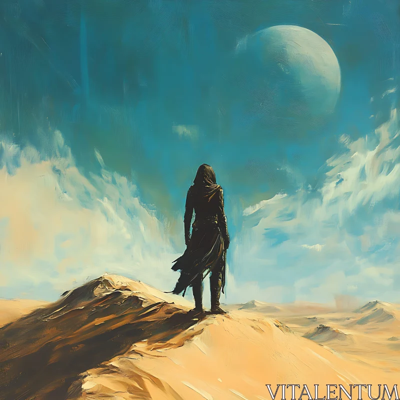 AI ART Desert Wanderer Contemplates the Moon