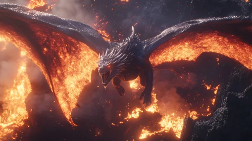 Dragon in Flight over Fiery Landscape