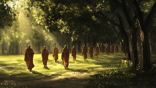 Peaceful Monks in Forest Sunlight