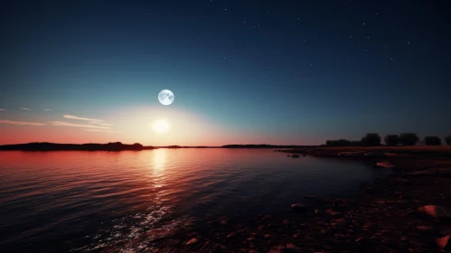 Luminous Moon over Serene Lake - High Resolution Landscape