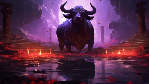 Majestic Bull Amidst Purple Flowers - A Concept Art Masterpiece