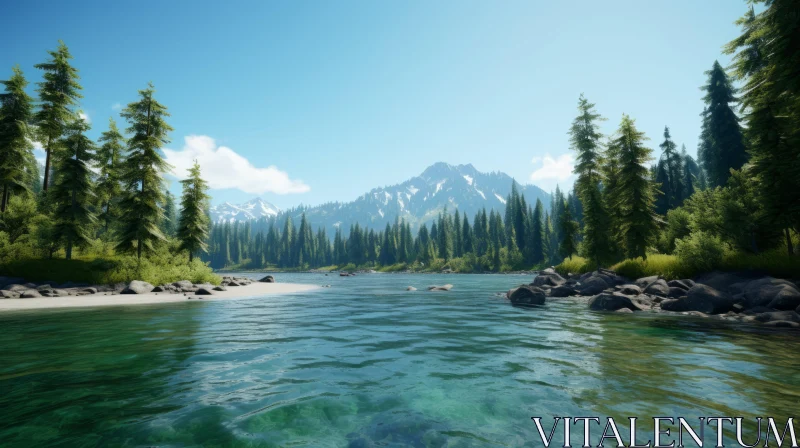 AI ART Tranquil Mountain River Landscape: An Eerily Realistic Rendering