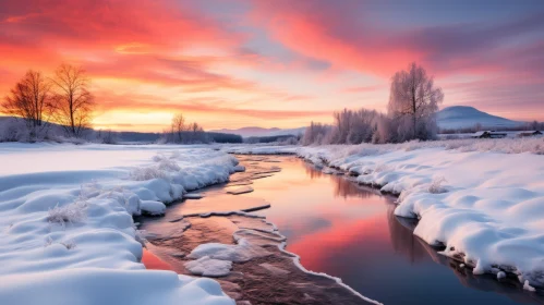 Tranquil Winter Sunset over River - A Neo-Romantic Norwegian Landscape