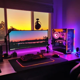 Modern Tech Desk with RGB Lights and Sunset Scene