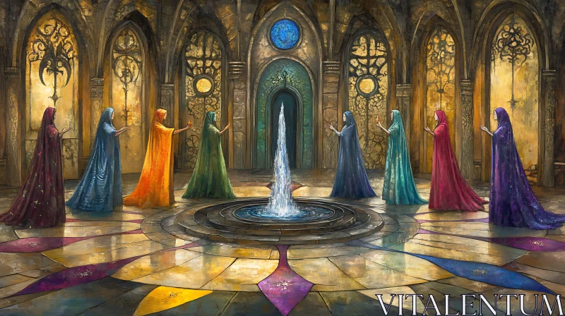 AI ART Colorful Robes Around Fountain Art