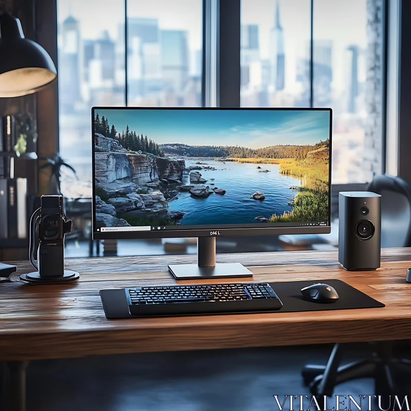 Stylish Office Setup Overlooking Cityscape AI Image