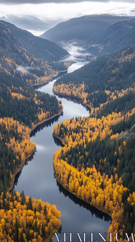 AI ART Serene Mountain River with Autumn Foliage