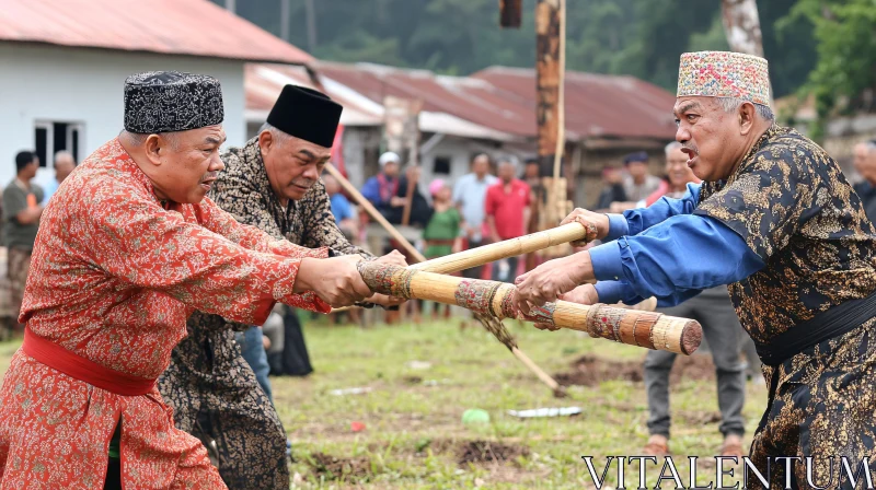 Traditional Men's Bamboo Stick Fight AI Image