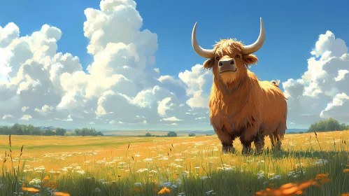 Highland Cow with Fluffy Clouds