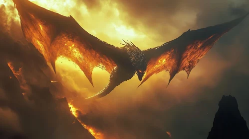 Dragon in Flight over Volcanic Landscape