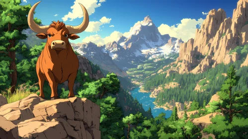 Bull on a Cliff in a Mountainous Landscape