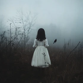 Girl and Crow in Foggy Landscape