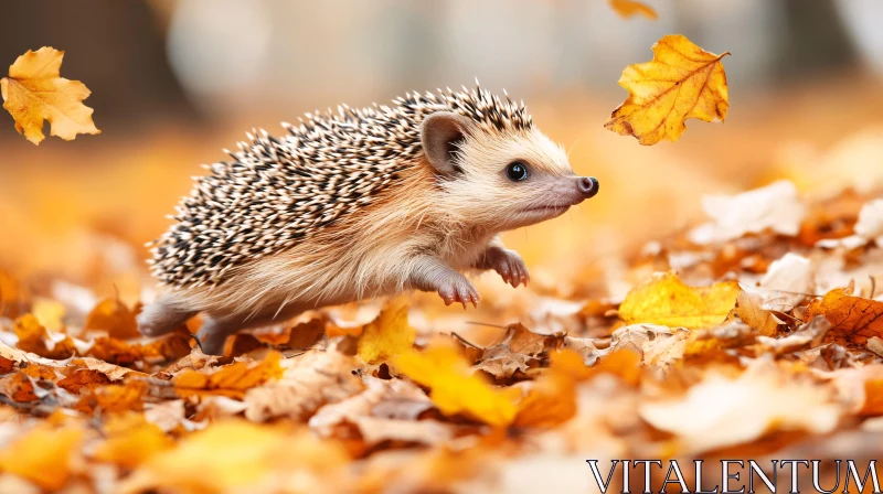 Hedgehog Frolicking Among Autumn Leaves AI Image