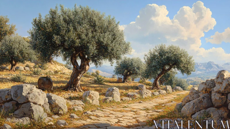 Olive Grove and Mountain View AI Image