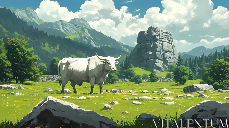 White Cow in Meadow Landscape AI Image