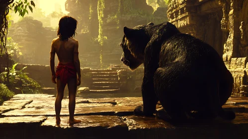 Boy and Bear in Ancient Ruins