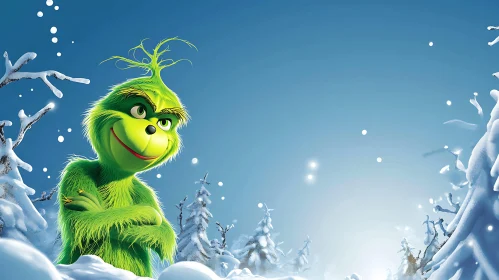 Mischievous Green Character in Snowy Scene