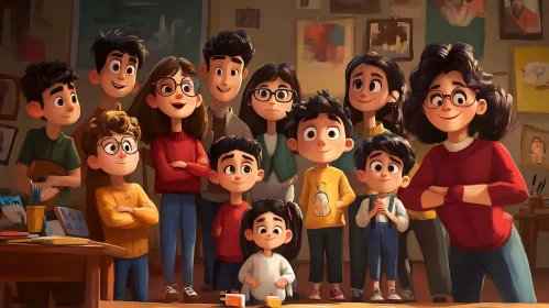 Cartoon Family Portrait with Cheerful Children