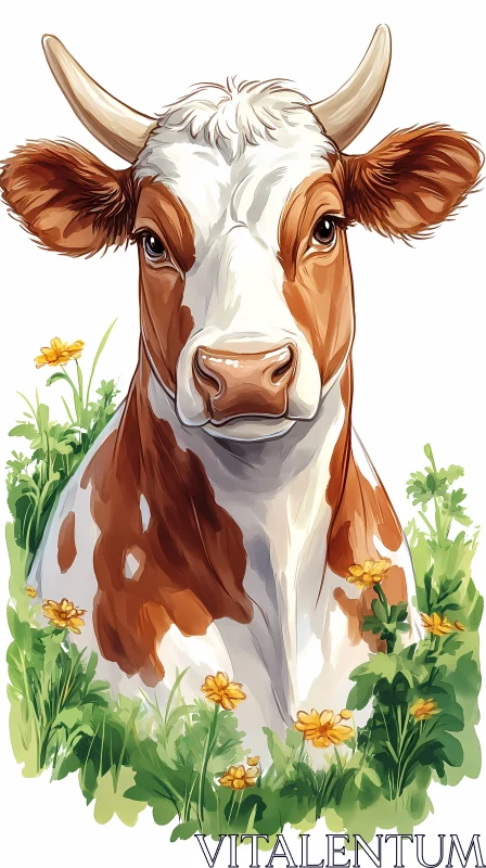 Cow with Yellow Flowers AI Image