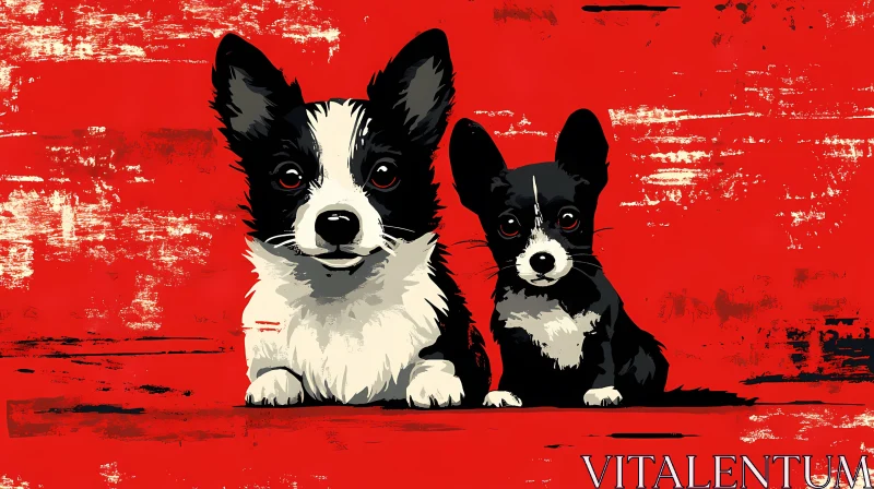 Stylized Black and White Dogs with Red Backdrop AI Image