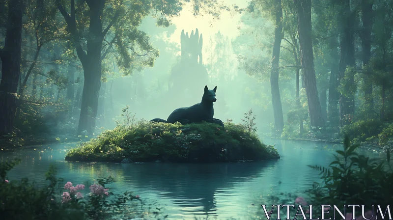 AI ART Serene Forest with Wolf Statue