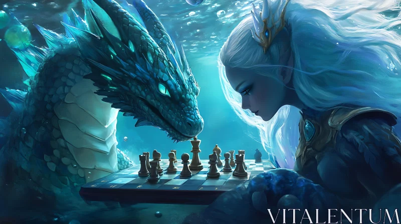 AI ART Underwater Chess Game Between Dragon and Woman