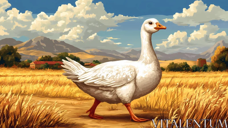 White Goose in a Rural Wheat Field AI Image