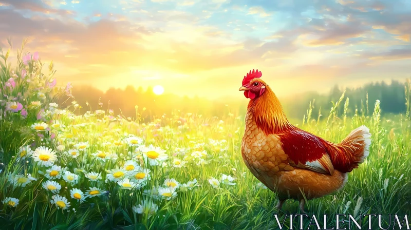 Chicken in Flowering Meadow AI Image